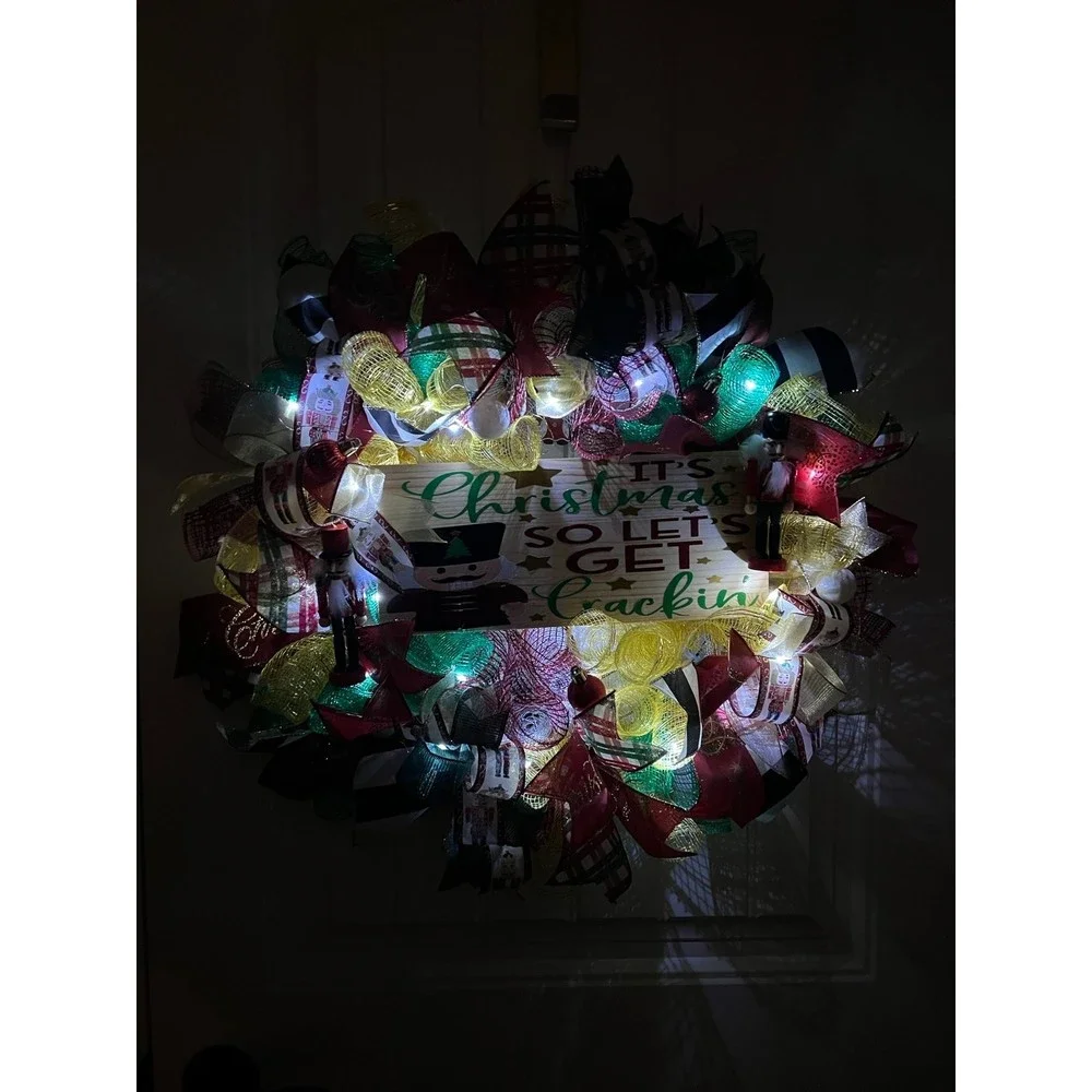 Christmas Nutcracker Holiday Ribbon Door Wreath Handmade 22 ins LED W4